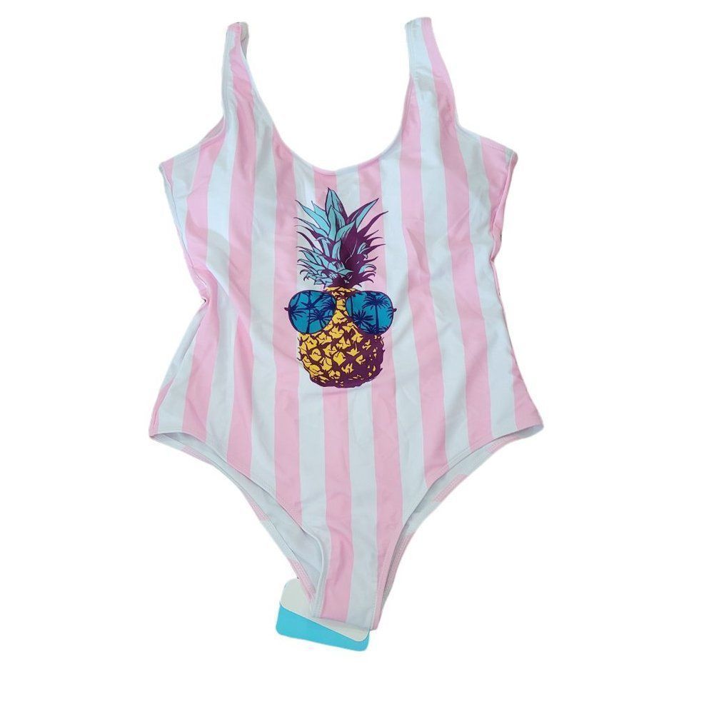 NWT Iffei Pink and White Stripe Pineapple One Piece Swimsuit Size Medium
